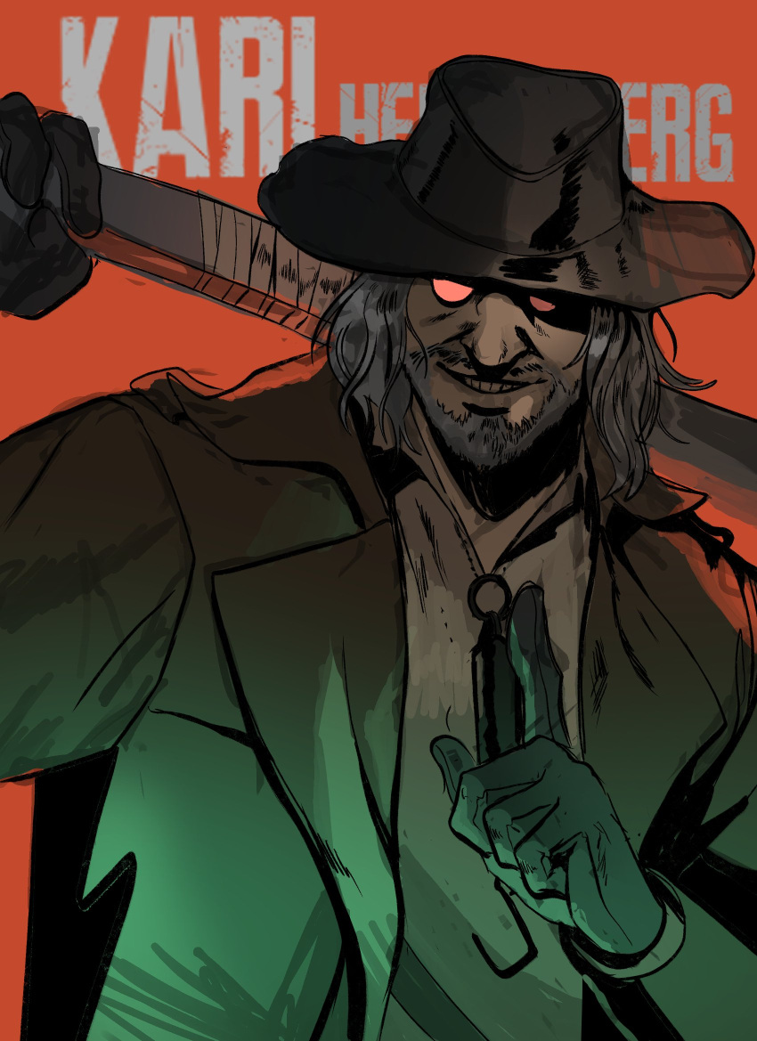 1boy, beard, character_name, coat, facial_hair, fedora, gloves, grey_hair