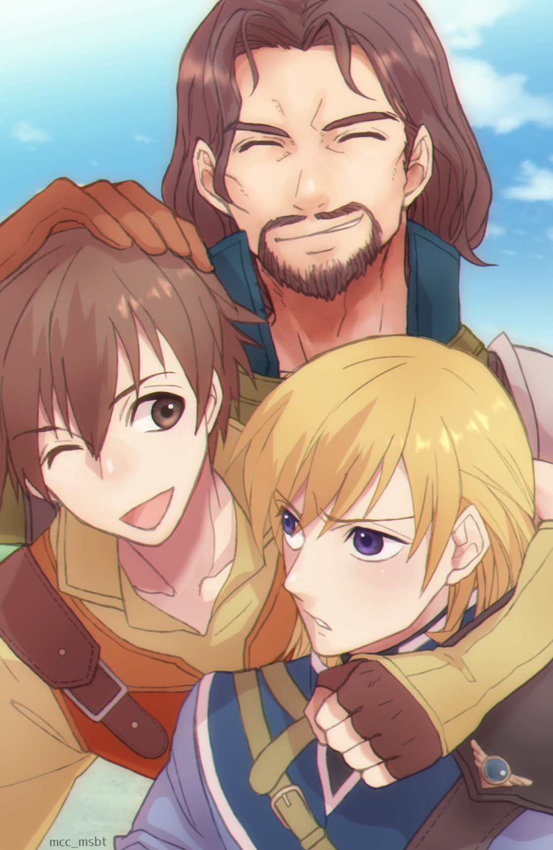 3boys, arm_around_shoulder, beard, blonde_hair, brown_eyes, brown_hair, closed_eyes, commentary_request