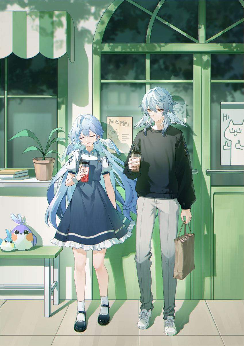 1boy, 1girl, absurdres, ankle_socks, bag, black_footwear, black_shirt, blue_dress
