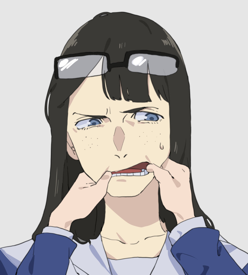 2girls, asakusa_midori, asymmetrical_bangs, black_hair, blue_eyes, commentary, eizouken_ni_wa_te_wo_dasu_na!, eyewear_on_head, female_pov, finger_in_another's_mouth, freckles, hands_on_another's_face, highres, kanamori_sayaka, long_hair, multiple_girls, open_mouth, opening, pov, school_uniform, shibahama_high_school_uniform, simple_background, sweatdrop, takao_(88499191), teeth, white_background, yuri