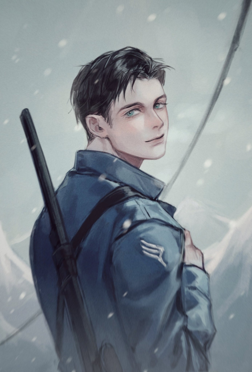 1boy, arm_up, blue_coat, blue_eyes, brown_hair, captain_america:_the_first_avenger, captain_america_(series), closed_mouth
