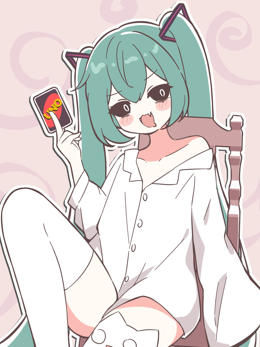 1girl, abstract_background, absurdres, aqua_hair, black_sclera, black_straps, borrowed_clothes, card