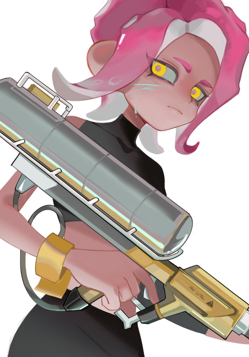 1girl, agent_8_(splatoon), black_shirt, black_skirt, chinese_commentary, closed_mouth, covered_collarbone, crop_top