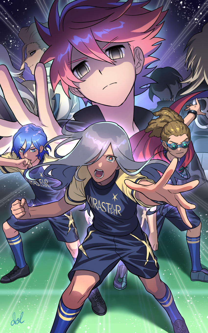 6+boys, black_footwear, black_hair, black_shirt, black_shorts, blonde_hair, blue_eyes, blue_hair, blue_socks, brown_hair, closed_mouth, dark-skinned_male, dark_skin, dolustoy, goggles, grey_hair, hair_over_one_eye, haizaki_ryouhei, highres, inazuma_eleven_(series), inazuma_eleven_ares_no_tenbin, kidou_yuuto, kneehighs, kusaka_gen, long_hair, looking_at_viewer, male_focus, mizukamiya_seiryuu, multicolored_eyes, multiple_boys, nishikage_seiya, nosaka_yuuma, okano_kousuke, open_mouth, outei_tsukinomiya, red_eyes, redhead, seishou_gakuen, shirt, shorts, soccer_uniform, socks, sportswear, tanizaki_yoshiya, violet_eyes