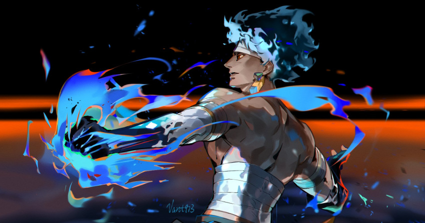 artist_name, blue_fire, blue_hair, blurry, blurry_background, burning, colored_sclera, earrings, fingerless_gloves, fire, from_behind, gloves, glowing, glowing_eyes, hades_(series), hades_2, highres, jewelry, korean_commentary, looking_at_viewer, midriff_sarashi, outstretched_arms, prometheus_(hades), red_sclera, sarashi, short_hair, single_earring, single_fingerless_glove, upper_body, vant973, wrapping