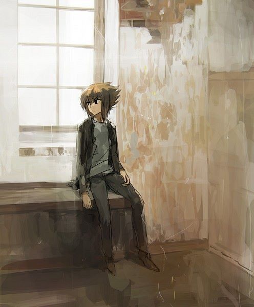 1boy, black_footwear, black_jacket, black_pants, brick_wall, brown_eyes, brown_hair, dappled_sunlight