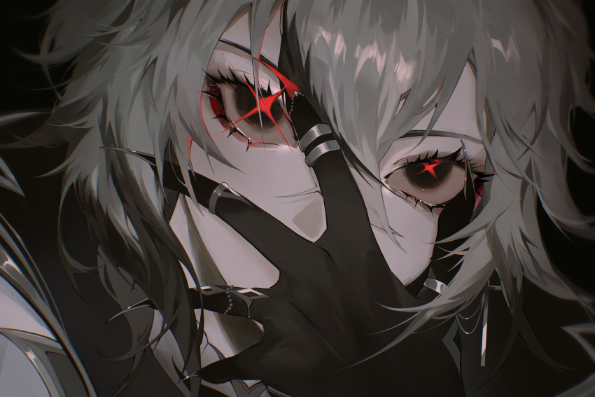 1girl, arlecchino_(genshin_impact), black_eyes, black_gloves, black_hair, close-up, coat, covering_own_mouth, cross, cross_earrings, daznutzs, earrings, fingernail_gloves, genshin_impact, gloves, grey_hair, hair_between_eyes, hand_over_own_mouth, highres, jewelry, long_hair, looking_at_viewer, multicolored_hair, multiple_rings, red_eyes, ring, solo, streaked_hair, symbol-shaped_pupils, white_coat, x-shaped_pupils