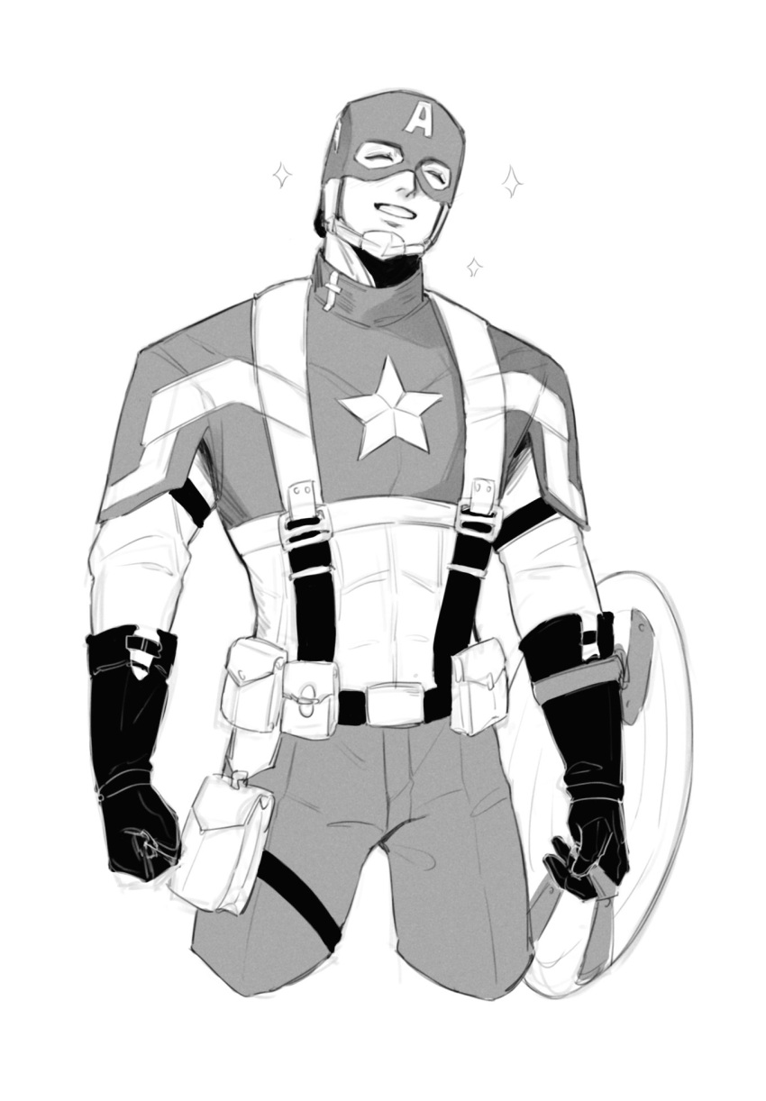 1boy, ^_^, belt, belt_pouch, captain_america, captain_america_(series), chinese_commentary, closed_eyes