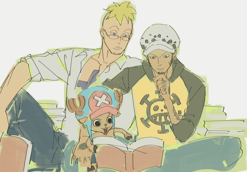 3boys, black_hair, blonde_hair, book, chest_tattoo, commentary_request, cross, facial_hair