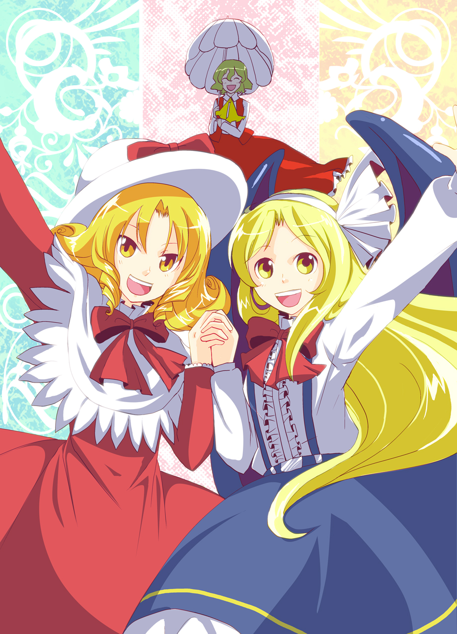 :d, ascot, blonde_hair, bow, closed_eyes, dress, elly, green_hair