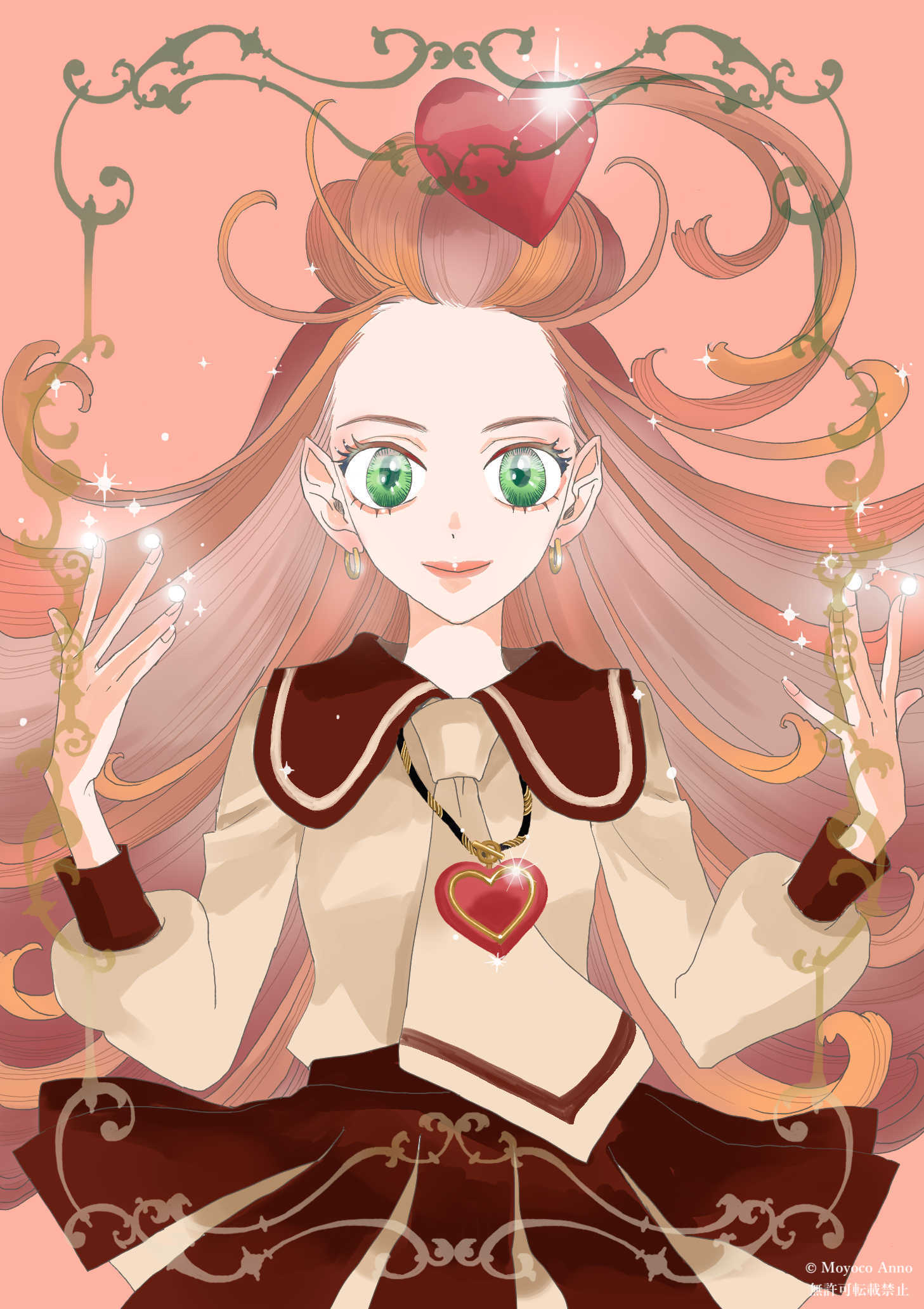 1girl, anno_moyoco, chocolat_meilleure, closed_mouth, commentary_request, earrings, green_eyes, hair_ornament