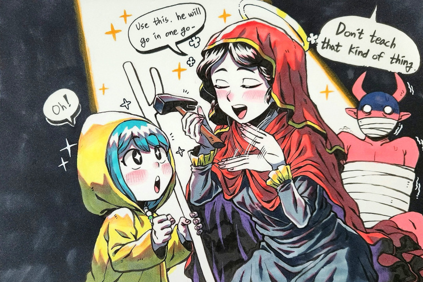 +_+, 1boy, 2girls, bead_necklace, beads, black_giraffe, black_hair, blue_hair