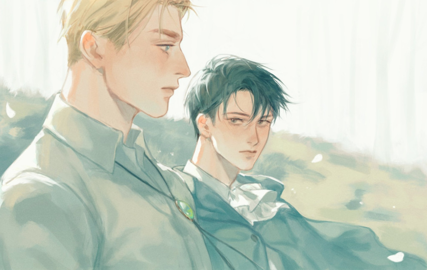 2boys, ascot, black_coat, black_hair, blonde_hair, buttons, chinese_commentary, closed_mouth