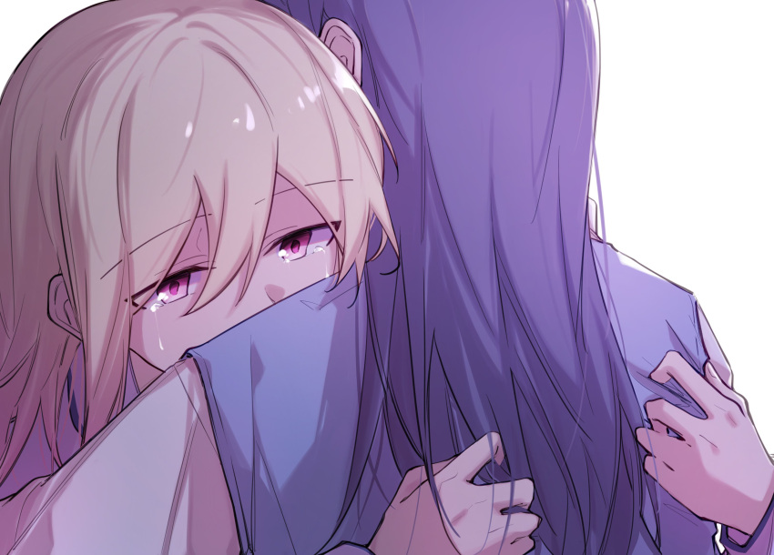 2girls, absurdres, blonde_hair, blue_vest, crying, crying_with_eyes_open, fingernails, from_side
