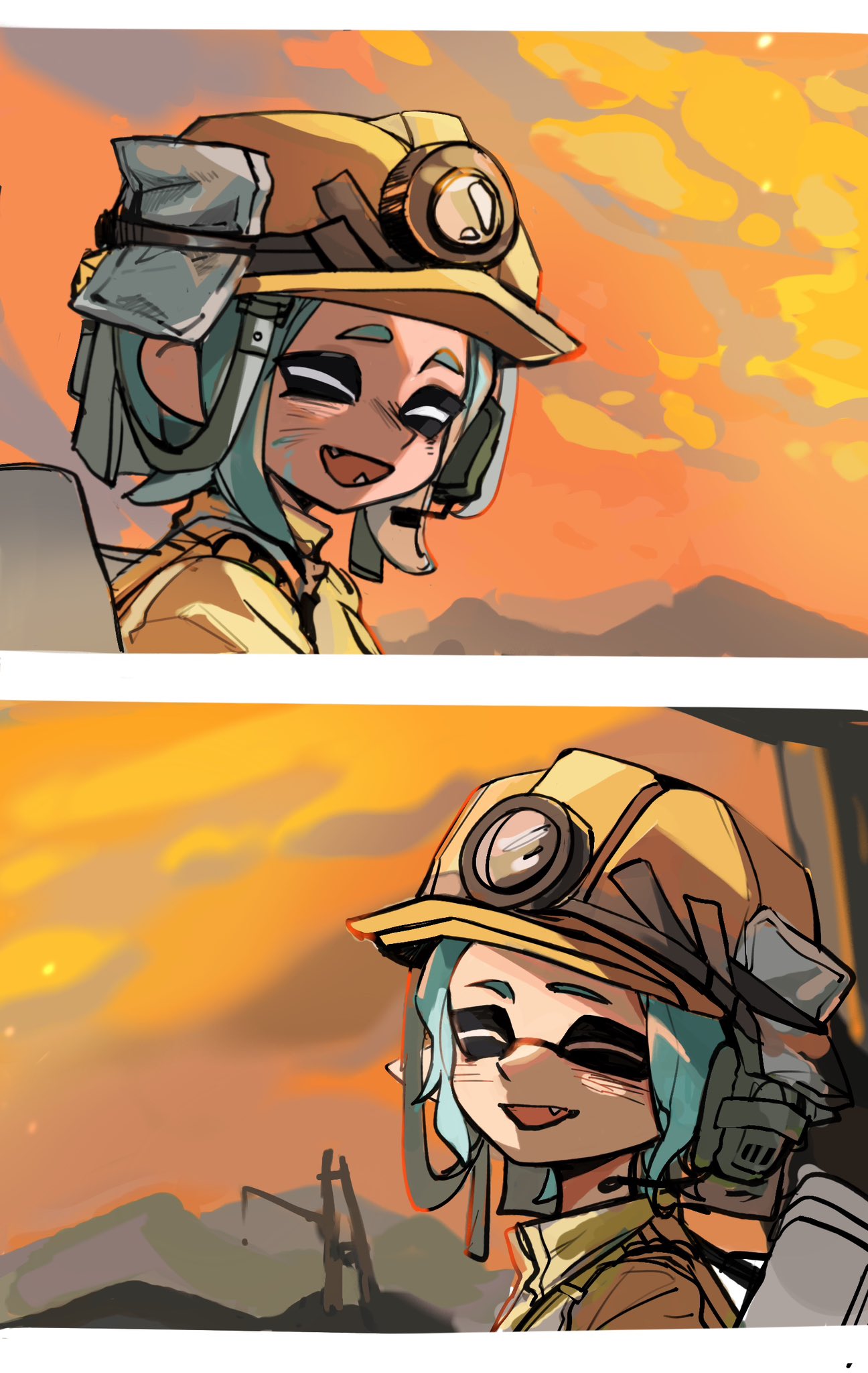 2girls, :d, ^_^, blue_hair, closed_eyes, duct_tape, fang, fangs