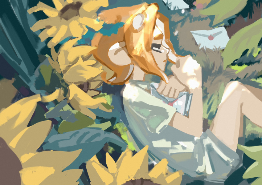 1girl, chinese_commentary, closed_eyes, closed_mouth, feiguasang, flower, from_above, frown