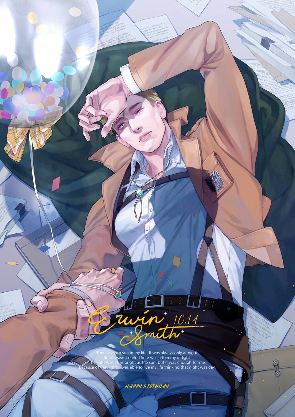 2boys, arm_up, belt, belt_buckle, blonde_hair, blue_eyes, brown_jacket, buckle