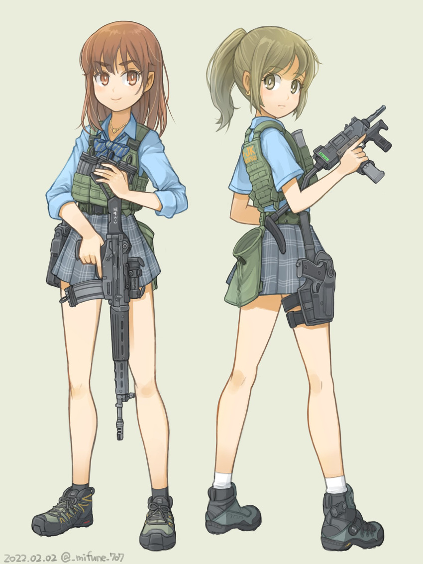 2girls, ammunition_pouch, assault_rifle, belt_pouch, blue_shirt, boots, bow, bowtie