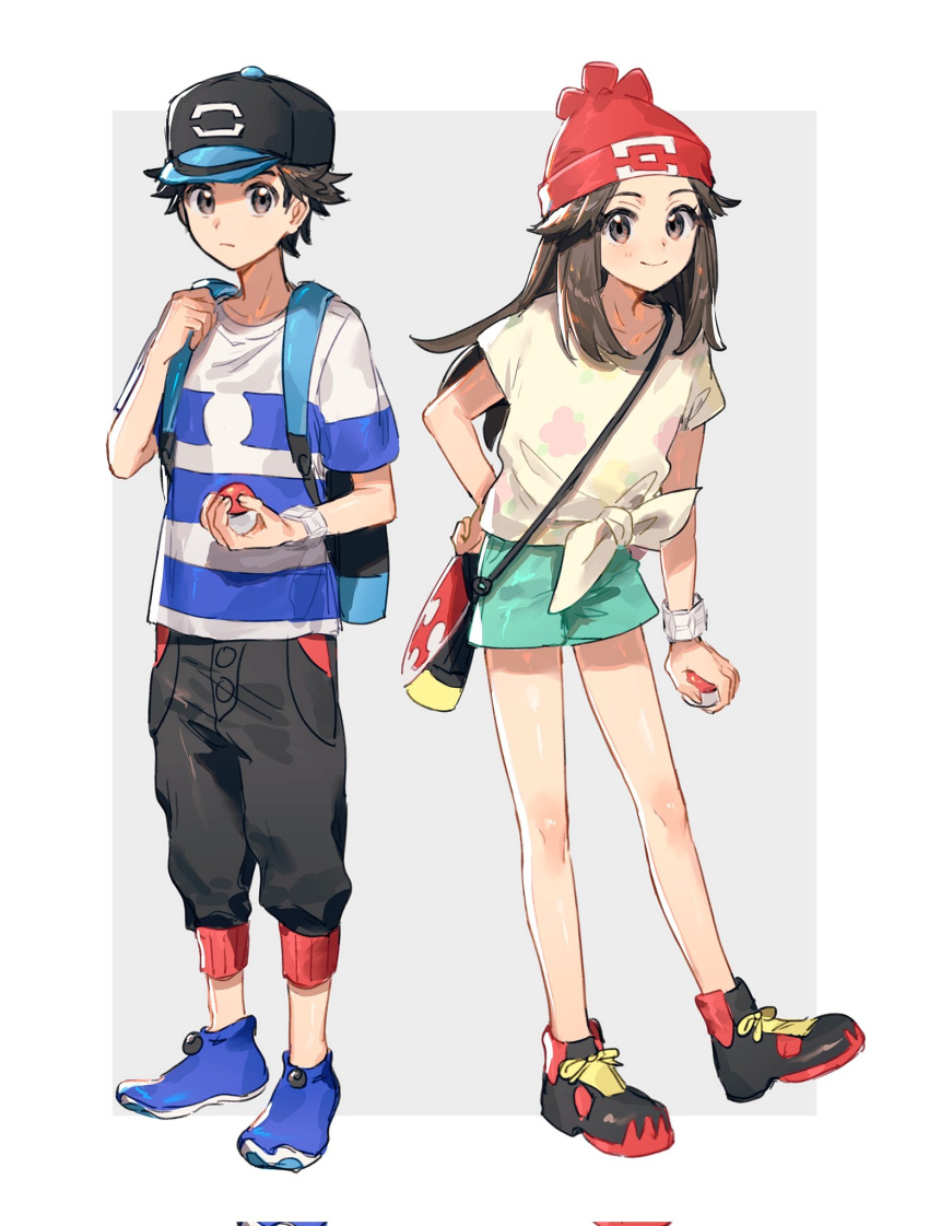 1boy, 1girl, backpack, bag, baseball_cap, beanie, black_pants, blue_footwear
