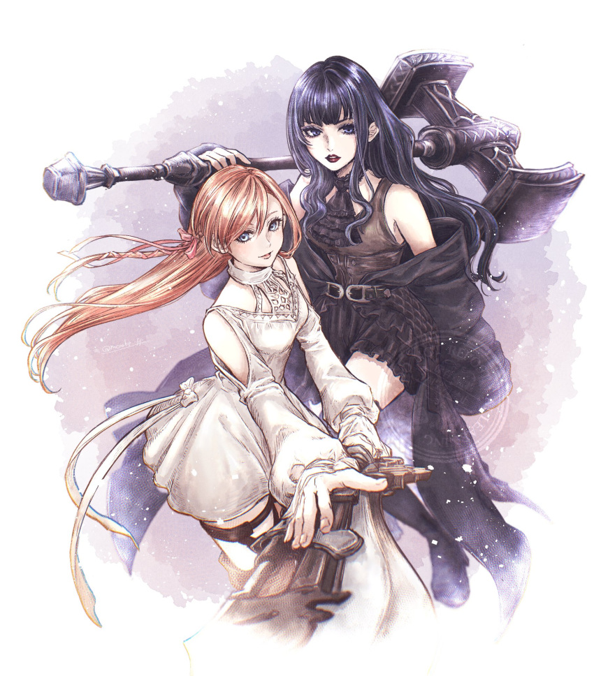 2girls, ascot, axe, battle_axe, commentary, dress, eyelashes, final_fantasy