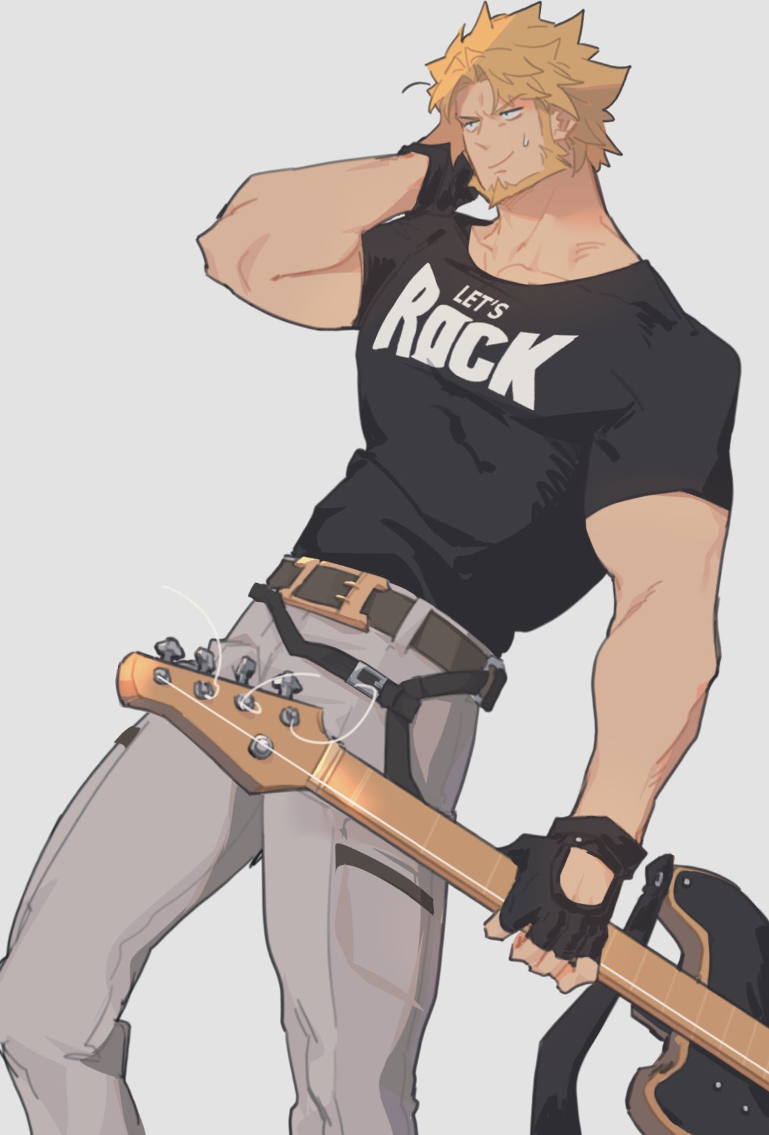 1boy, arm_behind_head, arm_up, beard, belt, belt_buckle, black_belt, black_gloves