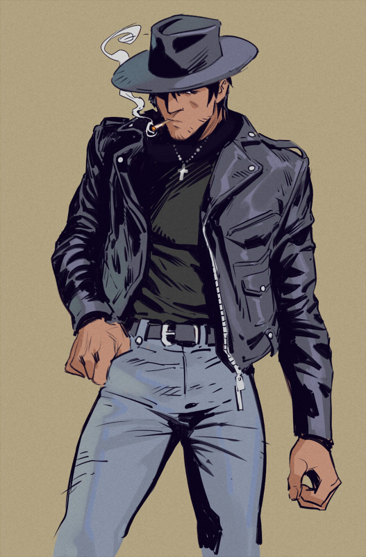 1boy, alternate_costume, beard_stubble, black_hair, black_hat, black_jacket, blue_pants, brown_background