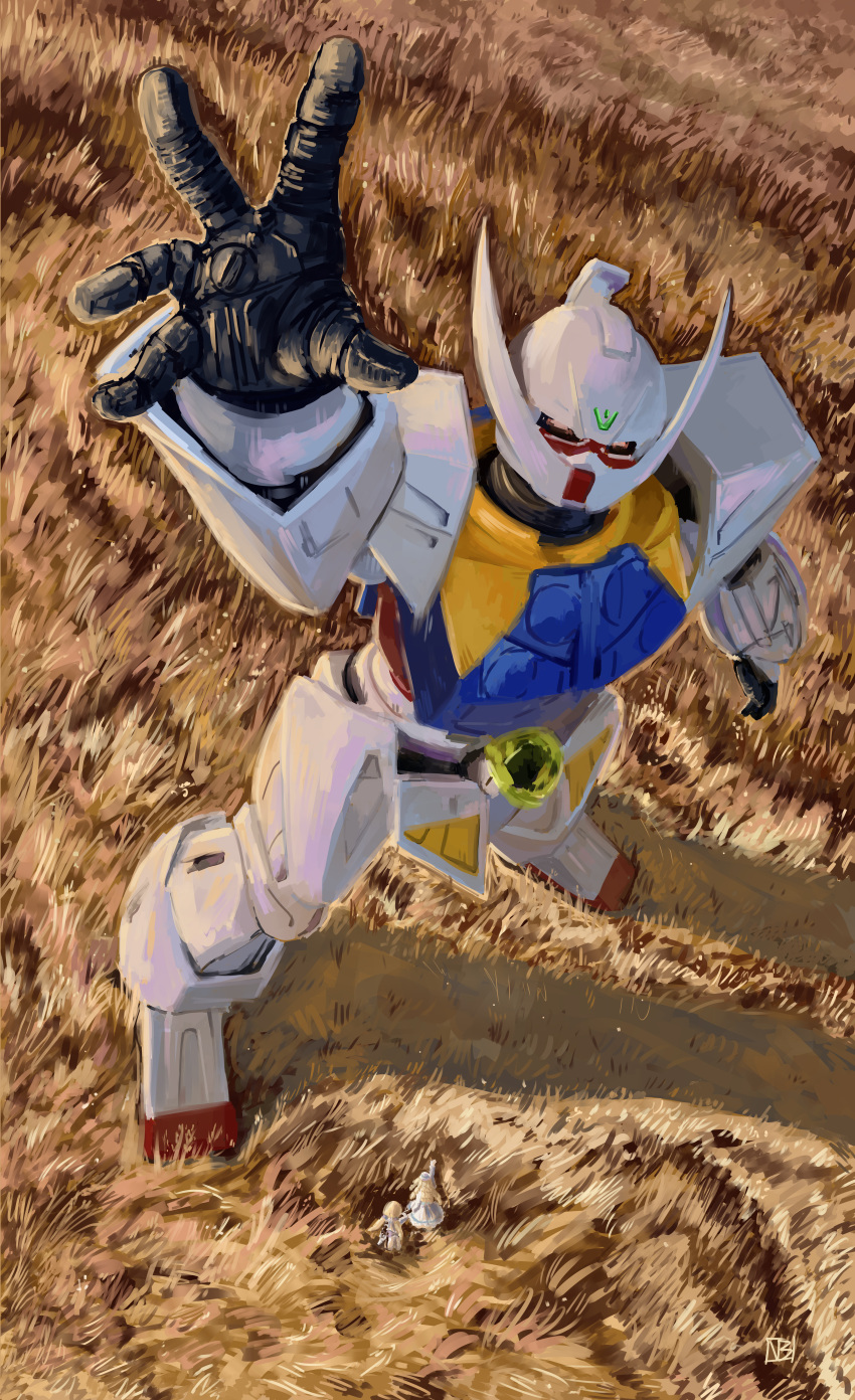 absurdres, blonde_hair, dianna_soreil, dress, english_commentary, from_above, grass, gundam