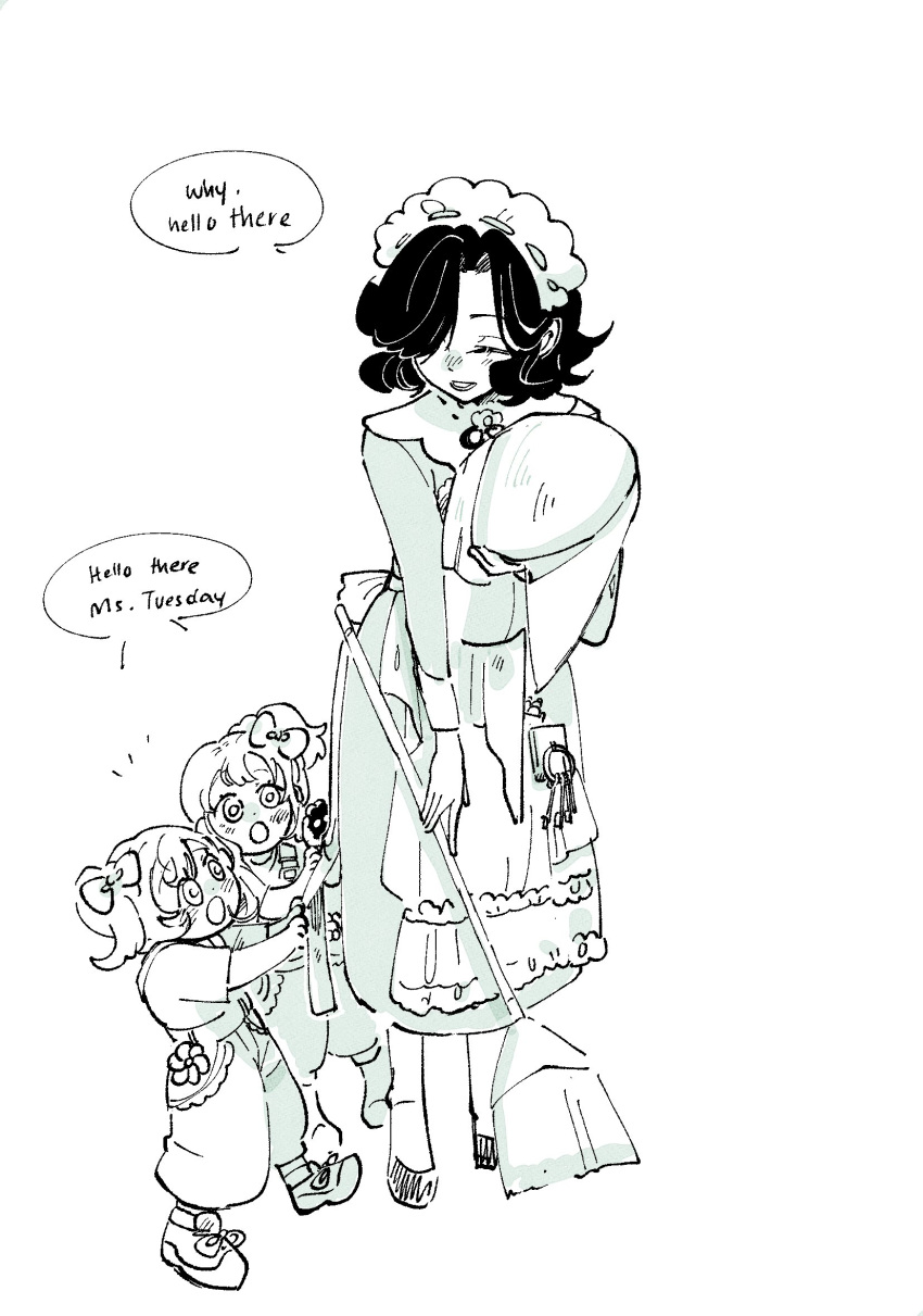 3girls, :o, apron, blanket, bow, broom, child, closed_eyes