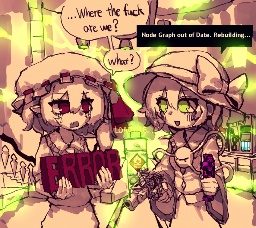2girls, barrel, commentary, english_text, error.mdl, fang, flandre_scarlet, gameplay_mechanics