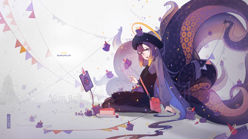 1girl, absurdres, ao-chan_(ninomae_ina'nis), bad_source, bag, beret, black_dress, black_hat