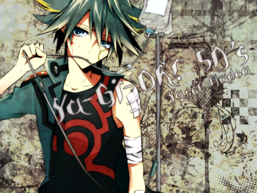 1boy, arm_up, artist_request, bandaged_arm, bandages, black_hair, black_shirt, bleeding