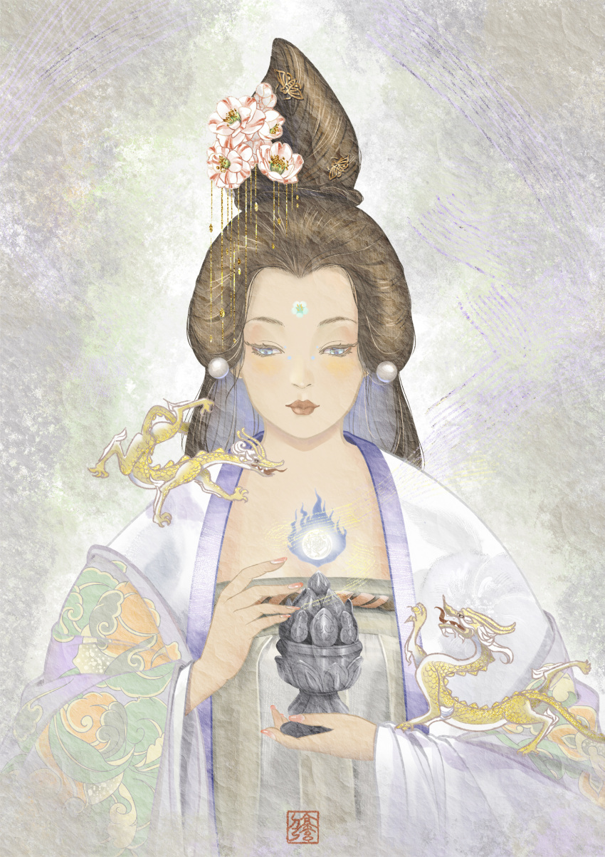 1girl, absurdres, banbi, chinese_clothes, dragon, eastern_dragon, flower, hair_flower