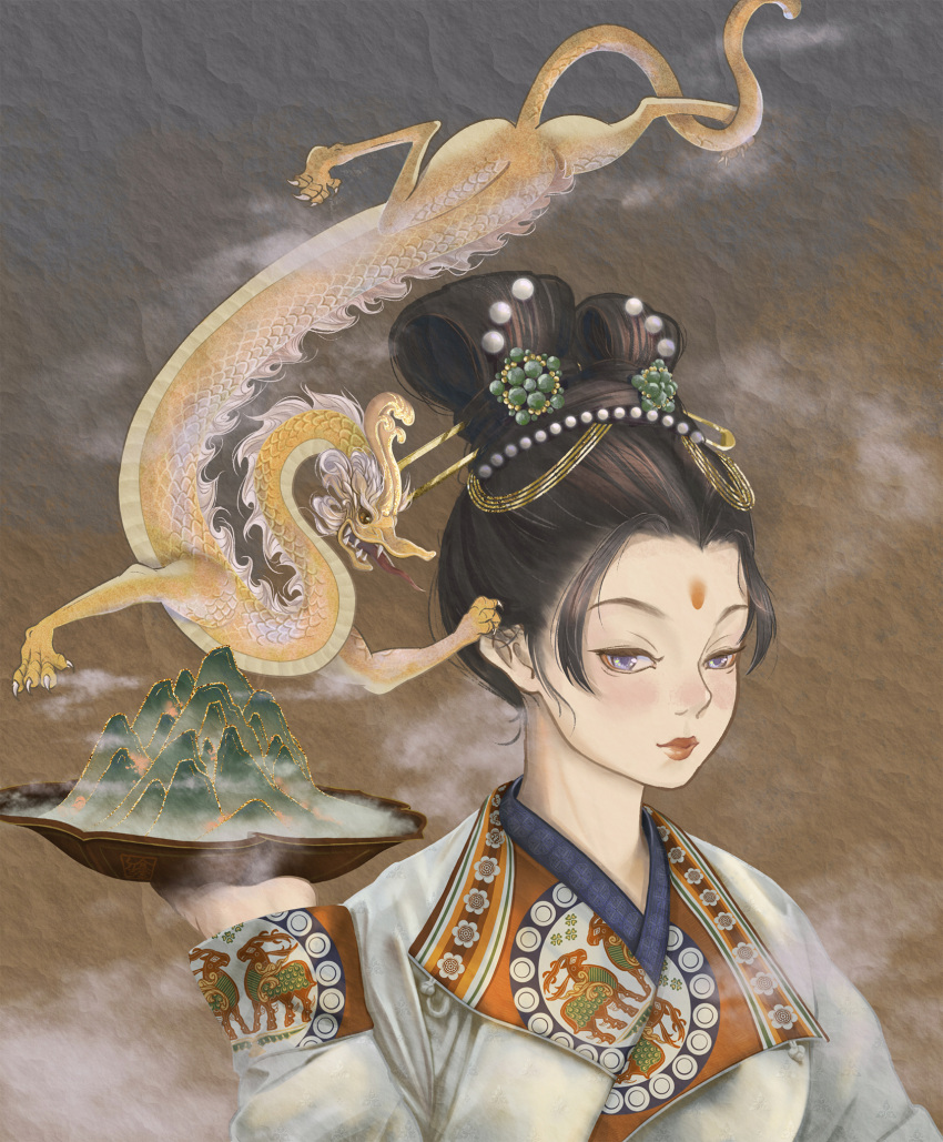 1girl, black_hair, chinese_clothes, dragon, eastern_dragon, facial_mark, forehead_mark, hair_rings
