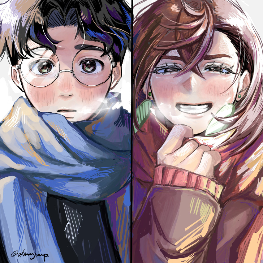 1boy, 1girl, absurdres, ayase_momo, black_hair, blue_scarf, breath, brown_hair, dandadan, earrings, glasses, grin, highres, jewelry, okmmjump, pink_scarf, round_eyewear, scarf, smile, takakura_ken_(dandadan), teeth, winter_clothes
