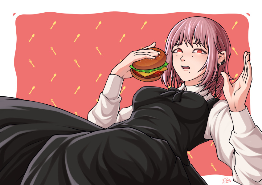 1girl, absurdres, black_dress, black_ribbon, burger, chainsaw_man, cheese, collared_shirt, darc_arts, dress, earrings, fami_(chainsaw_man), food, fourth_east_high_school_uniform, highres, holding, holding_burger, holding_food, jewelry, lettuce, long_sleeves, meat, mole, mole_under_eye, mole_under_mouth, multiple_moles, neck_ribbon, pinafore_dress, purple_hair, red_eyes, ribbon, ringed_eyes, school_uniform, shirt, short_hair, sleeveless, sleeveless_dress, solo, white_shirt