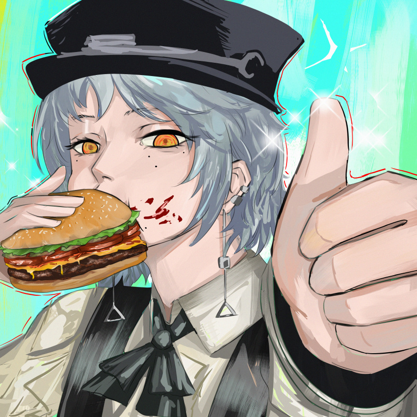 1girl, absurdres, black_dress, black_hat, black_ribbon, burger, chainsaw_man, cheese, collared_shirt, dress, earrings, english_commentary, fami_(chainsaw_man), food, fourth_east_high_school_uniform, grey_hair, hat, highres, holding, holding_burger, holding_food, jewelry, ketchup, lettuce, long_sleeves, looking_at_viewer, lucymeister1080, meat, messy, mole, mole_under_eye, mole_under_mouth, multiple_moles, neck_ribbon, peaked_cap, pinafore_dress, ribbon, ringed_eyes, school_uniform, shirt, short_hair, sleeveless, sleeveless_dress, solo, thumbs_up, white_shirt, yellow_eyes