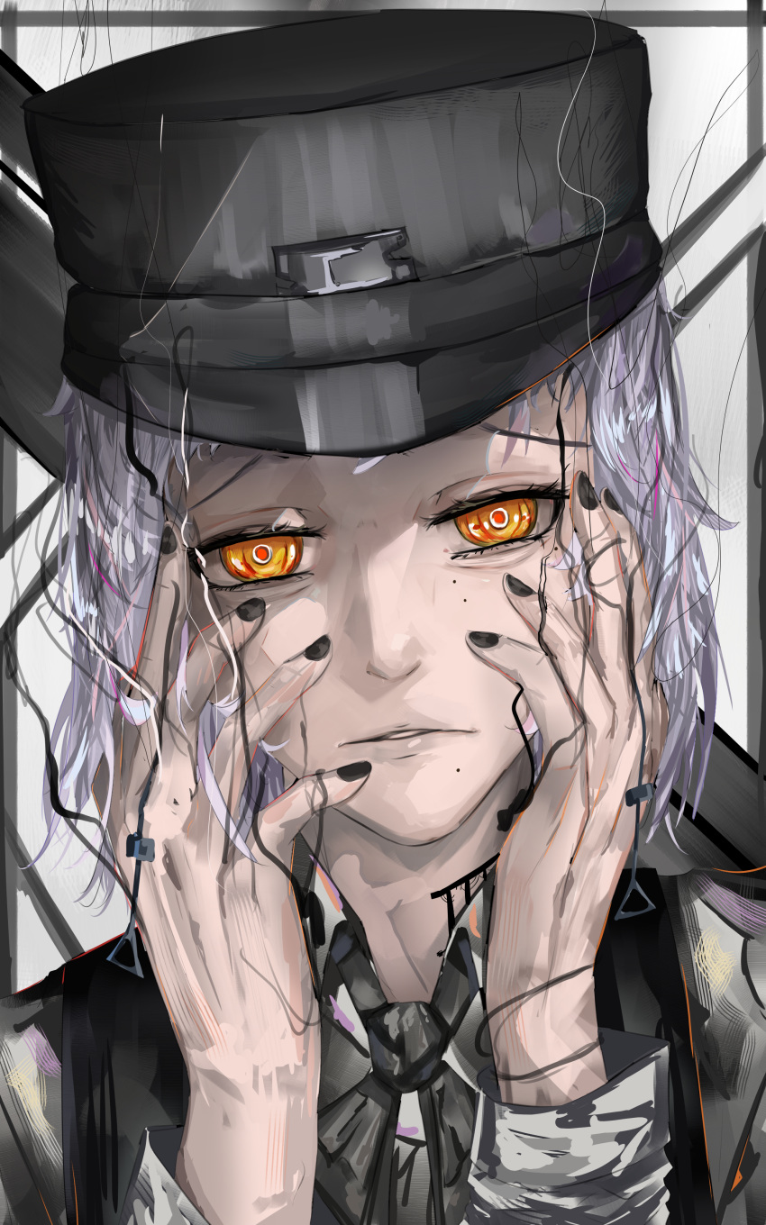 1girl, absurdres, black_dress, black_hat, black_nails, black_ribbon, chainsaw_man, collared_shirt, dress, earrings, fami_(chainsaw_man), fourth_east_high_school_uniform, grey_hair, hands_on_own_face, hat, highres, jewelry, looking_at_viewer, lucymeister1080, mole, mole_under_eye, mole_under_mouth, multiple_moles, neck_ribbon, neck_tattoo, peaked_cap, pinafore_dress, ribbon, ringed_eyes, school_uniform, shirt, short_hair, sleeveless, sleeveless_dress, solo, tattoo, yellow_eyes