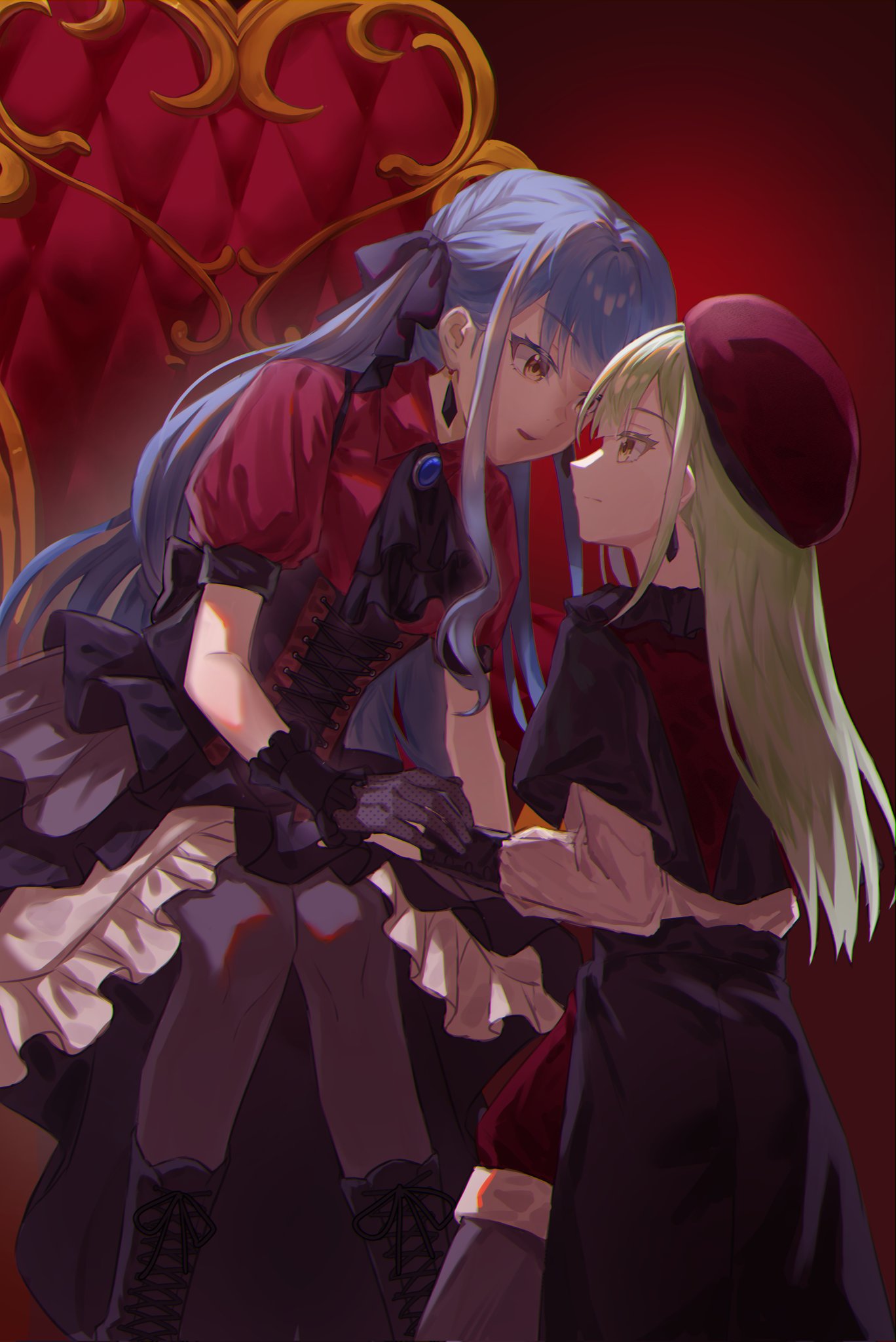 2girls, ascot, bang_dream!, bang_dream!_it's_mygo!!!!!, beret, black_ascot, black_corset, black_footwear