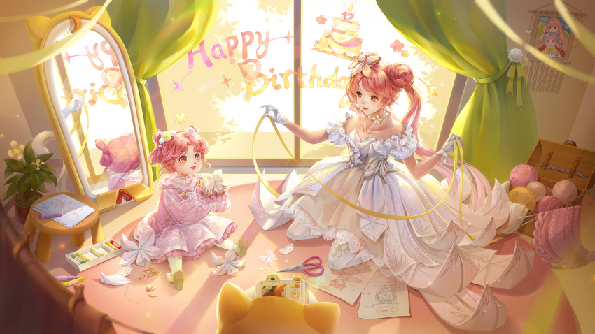 2girls, absurdres, animal, birthday, birthday_cake, bow-shaped_hair, brown_eyes, bug, butterfly, by_yi, cake, camera, carpet, cat, child, chinese_commentary, closed_mouth, clothed_animal, collarbone, commentary_request, double_bun, dress, ear_covers, flower, food, footwear_flower, frilled_gloves, frilled_sleeves, frills, gloves, gown, hair_bun, hair_flower, hair_ornament, happy_birthday, highres, holding, holding_camera, holding_flower, hood, hood_up, indoors, infinity_nikki, kneeling, lace-trimmed_dress, lace_trim, list, long_dress, long_hair, looking_at_another, marker, medium_dress, mirror, momo_(nikki), morning, multiple_girls, nikki_(nikki), nikki_(series), off-shoulder_dress, off_shoulder, open_mouth, pantyhose, paper, photo_(object), picture_frame, pink_dress, pink_hair, plant, pleated_dress, pom_pom_(clothes), pom_pom_hair_ornament, potted_plant, red_lips, reflection, scissors, sewing_kit, shoes, short_hair, short_sleeves, sitting, smile, sparkle, star_(symbol), stool, taking_picture, time_paradox, tree, twintails, very_long_hair, white_dress, white_flower, white_gloves, white_pantyhose, window, yarn, yarn_ball, yellow_flower, yellow_footwear, yellow_hood, yellow_pantyhose
