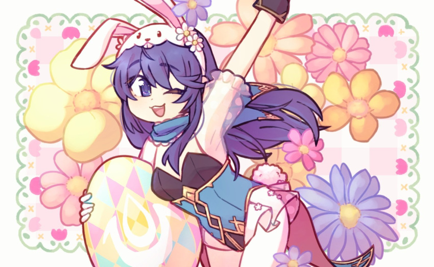 1girl, ;d, arm_up, armpits, blue_eyes, blue_hair, easter_egg, egg