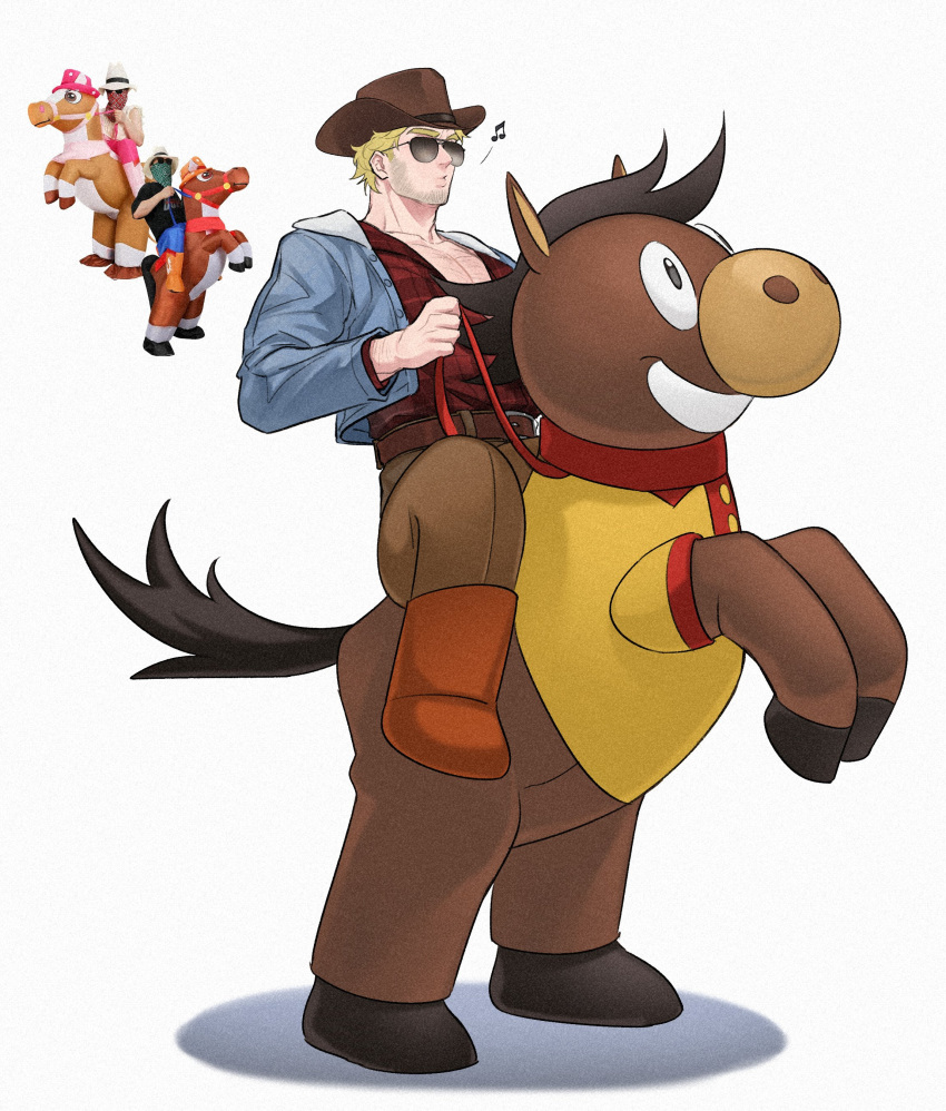 1boy, absurdres, beard_stubble, blonde_hair, checkered_clothes, checkered_shirt, chest_hair, costume, cowboy_hat, curly_(mouthwashing), denim, denim_jacket, emoji, facial_hair, hat, highres, holding, holding_reins, jacket, male_focus, mouthwashing, open_clothes, open_jacket, partially_unbuttoned, pectoral_cleavage, pectorals, photo-referenced, polle_(mouthwashing), reference_inset, reins, setuyuyu, shirt, short_hair, simple_background, stubble, sunglasses, whistling, white_background