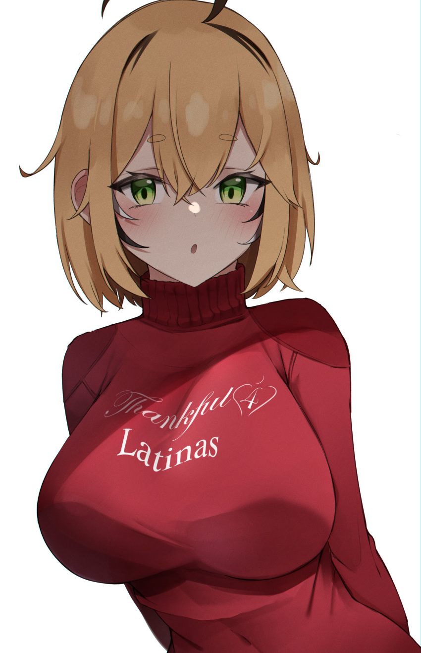 1girl, absurdres, ahoge, blonde_hair, breasts, brown_hair, covered_navel, dooby_(vtuber)
