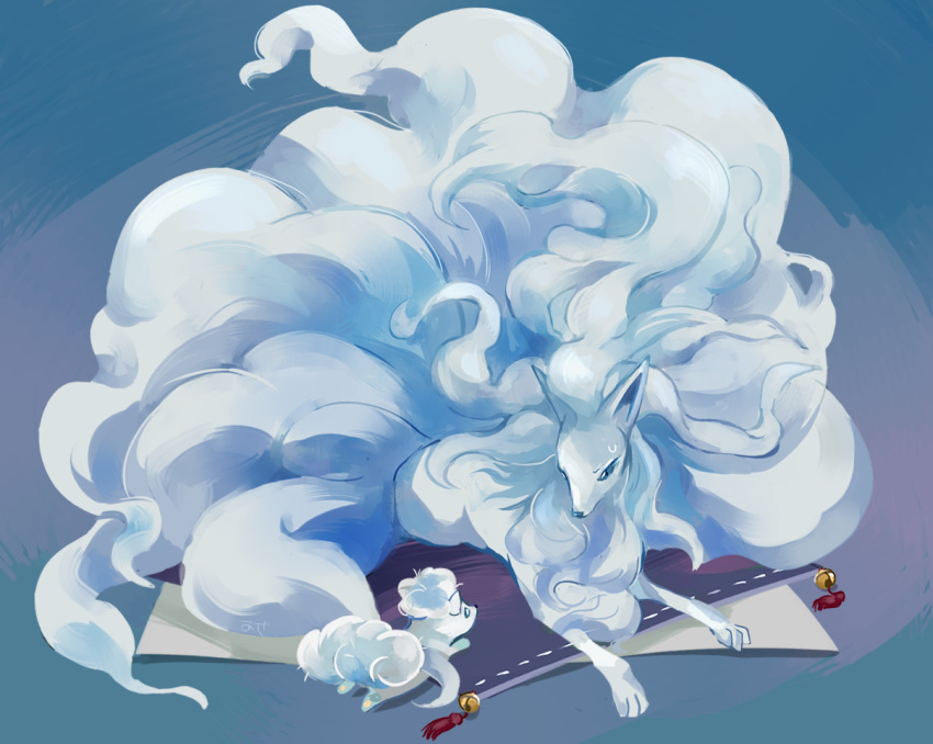 alolan_ninetales, alolan_vulpix, animal_focus, bell, blue_eyes, blue_hair, commentary, evolutionary_line