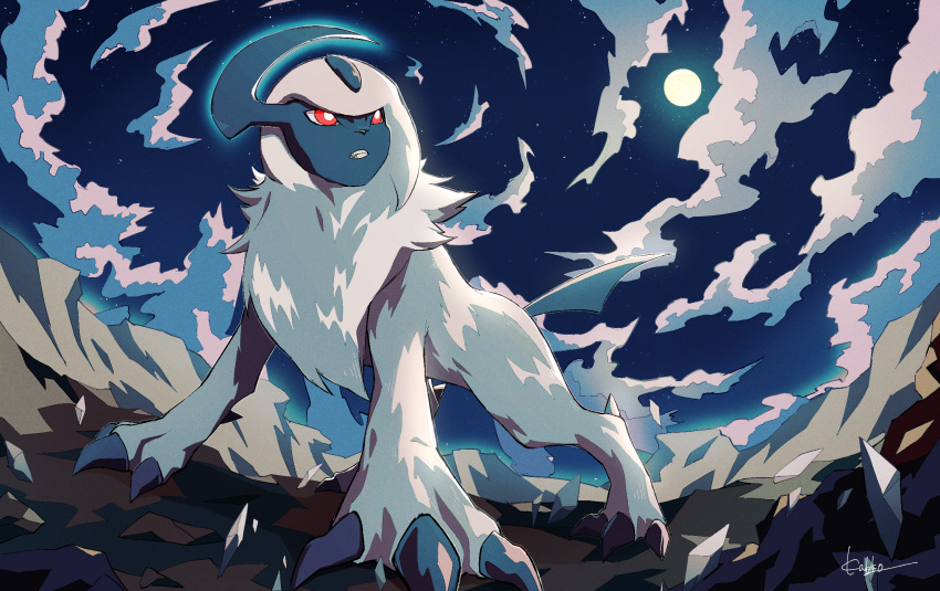 absol, animal_focus, bright_pupils, claws, clouds, commentary, forehead_jewel, highres