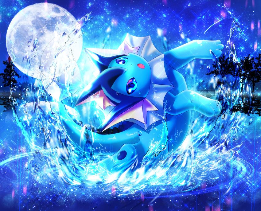 blue_eyes, blue_theme, commentary, fins, full_moon, head_fins, hidora, highres