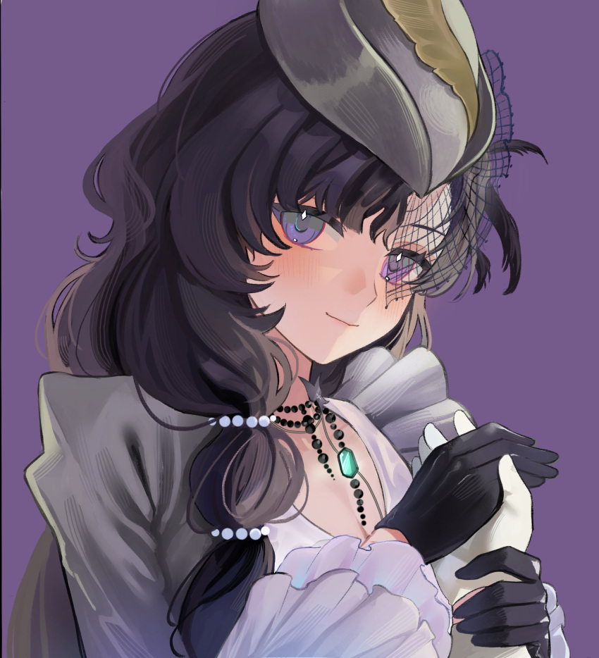 2girls, black_gloves, black_hair, black_pearl, fishnet_veil, gloves, grey_hat, grey_jacket