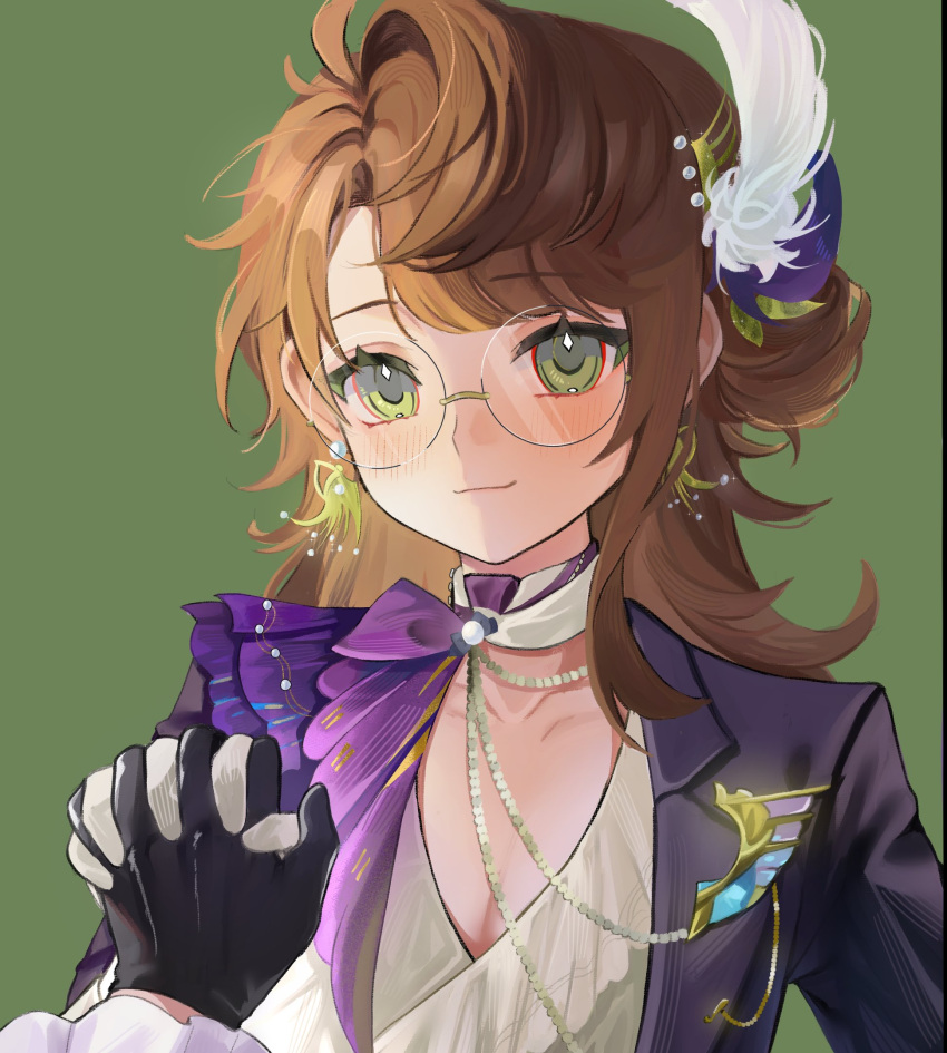 2girls, black_gloves, brown_hair, earrings, feather_hair_ornament, feathers, glasses, gloves, green_background, green_eyes, hair_ornament, hand_up, highres, holding_hands, interlocked_fingers, isolde_(and_all_that_jazz)_(reverse:1999), isolde_(reverse:1999), jacket, jewelry, kakania_(reverse:1999), long_hair, looking_at_viewer, multiple_girls, neckerchief, official_alternate_costume, pov, pov_hands, purple_jacket, purple_neckerchief, reverse:1999, round_eyewear, shirt, smile, solo_focus, upper_body, white_feathers, white_gloves, white_shirt, yuha6666