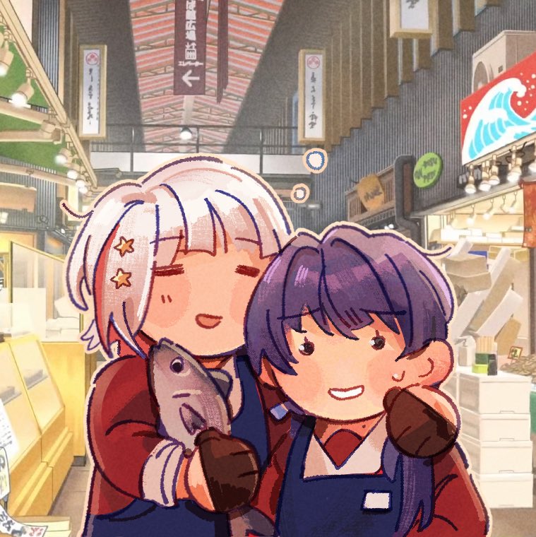 2girls, :d, =_=, animal, apron, black_gloves, blue_apron, blue_hair, blue_ribbon, bob_cut, brown_dress, closed_eyes, colored_inner_hair, commentary, dark_blue_hair, diagonal_bangs, dollchestra, dress, fish, gloves, grey_hair, grin, hair_ornament, hair_ribbon, half_gloves, hasu_no_sora_school_uniform, holding, holding_animal, holding_fish, inverted_bob, kanazawa_(city), link!_like!_love_live!, long_hair, long_sleeves, love_live!, low_twintails, multicolored_hair, multiple_girls, murano_sayaka, nervous_smile, open_mouth, photo_background, redhead, ribbon, sailor_collar, sailor_dress, sappy_sprout, school_uniform, short_hair, smile, star_(symbol), star_hair_ornament, streaked_hair, symbol-only_commentary, twintails, virtual_youtuber, white_sailor_collar, winter_uniform, yugiri_tsuzuri