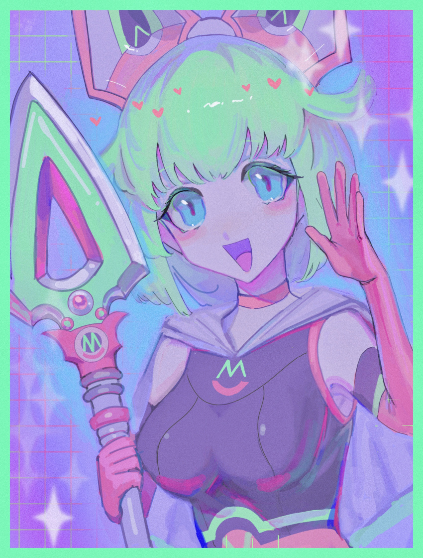 1girl, blue_eyes, border, cape, choker, commentary, elbow_gloves, gloves, grid_background, heart, highres, holding, holding_polearm, holding_weapon, lara_tchaikoskaya, open_mouth, pink_choker, pink_gloves, polearm, sleeveless, solo, spear, suzuya_(chocomintaniki), tiger_&amp;_bunny, weapon