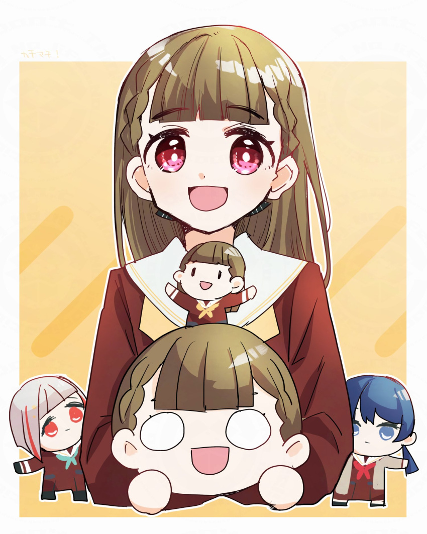 1girl, :d, aqua_neckerchief, black_gloves, black_pantyhose, black_ribbon, black_socks, blue_eyes, blue_hair, bob_cut, border, braid, brown_cardigan, brown_dress, brown_hair, cardigan, center-flap_bangs, character_doll, closed_mouth, colored_inner_hair, commentary_request, dark_blue_hair, diagonal_bangs, dollchestra, dress, gloves, grey_hair, hair_ribbon, hasu_no_sora_school_uniform, highres, inverted_bob, kachimachi_kosuzu, kanduki_kamibukuro, kyurumaru, link!_like!_love_live!, long_hair, long_sleeves, looking_at_viewer, love_live!, low_twintails, multicolored_hair, murano_sayaka, neckerchief, nesoberi, open_cardigan, open_clothes, open_mouth, outside_border, pantyhose, pink_eyes, red_eyes, red_neckerchief, redhead, ribbon, sailor_collar, sailor_dress, school_uniform, short_hair, side_braids, smile, socks, solo, straight-on, straight_hair, streaked_hair, twintails, virtual_youtuber, white_border, white_sailor_collar, winter_uniform, yellow_background, yellow_neckerchief, yugiri_tsuzuri